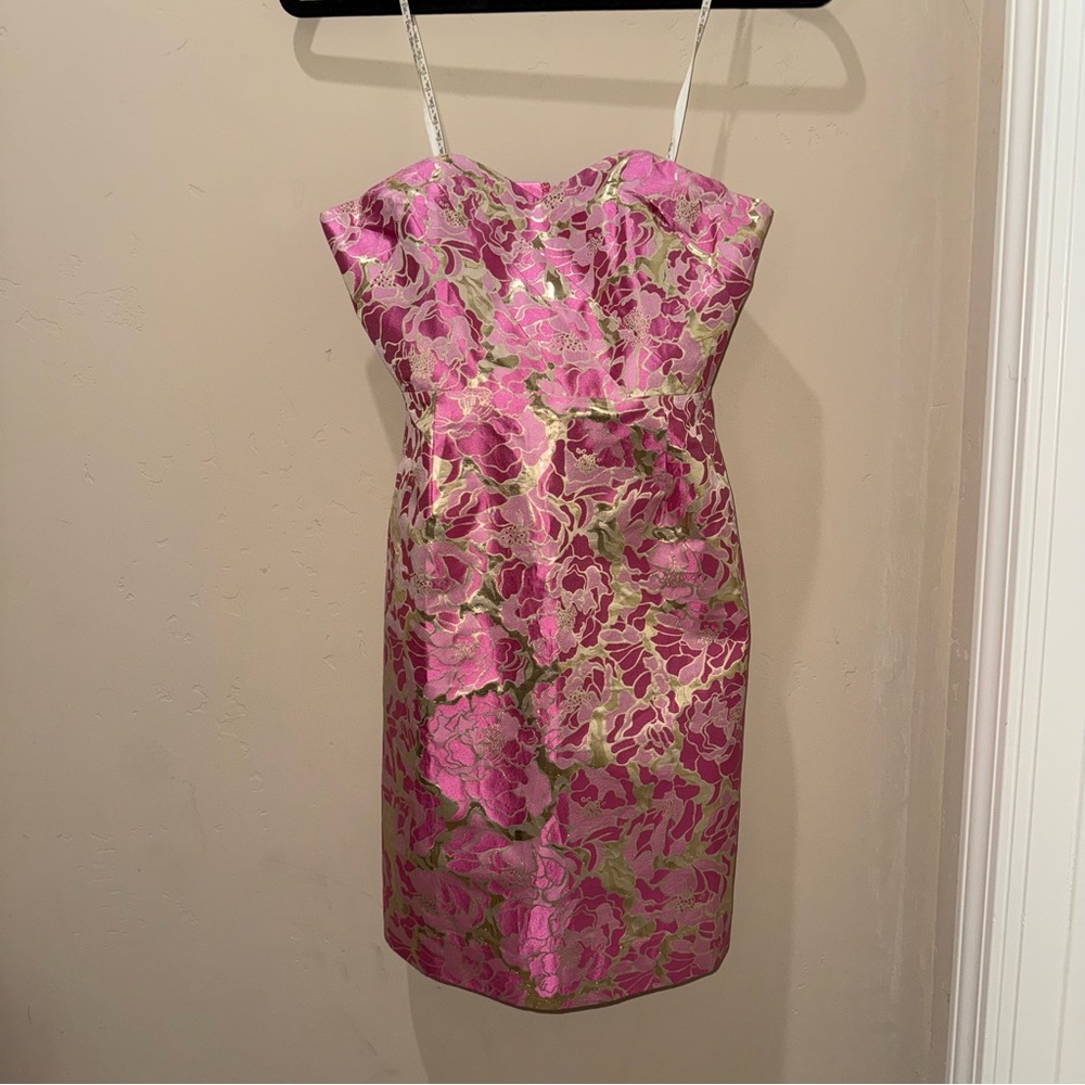Lilly Pulitzer Raya Metallic Gold Pirates Bootyniere Jacquard Strapless Dress